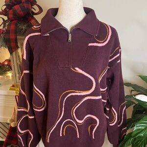 Nine West Maroon Sweater with Pink and Gold Swirls